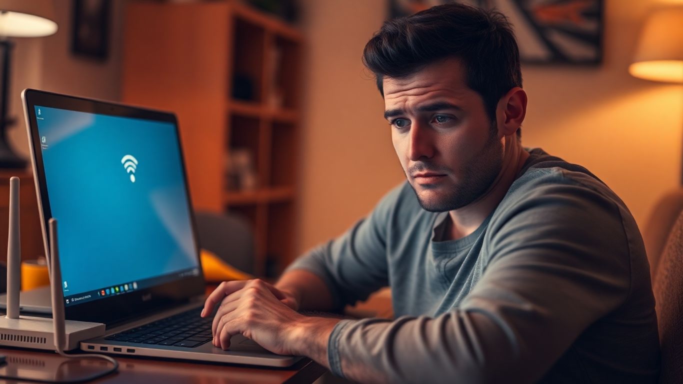 Pessoa frustrada com laptop mostrando problema de Wi-Fi.