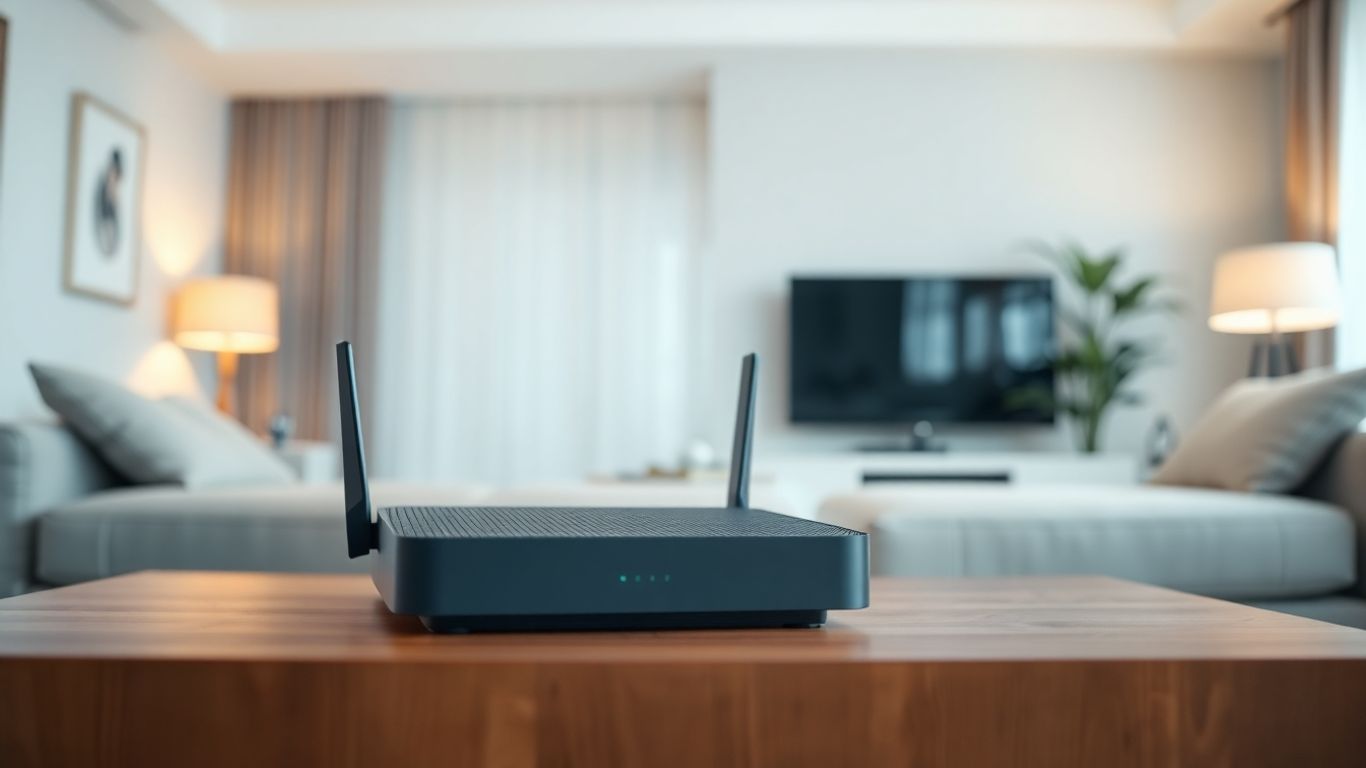 Roteador Wi-Fi Mesh em sala moderna.