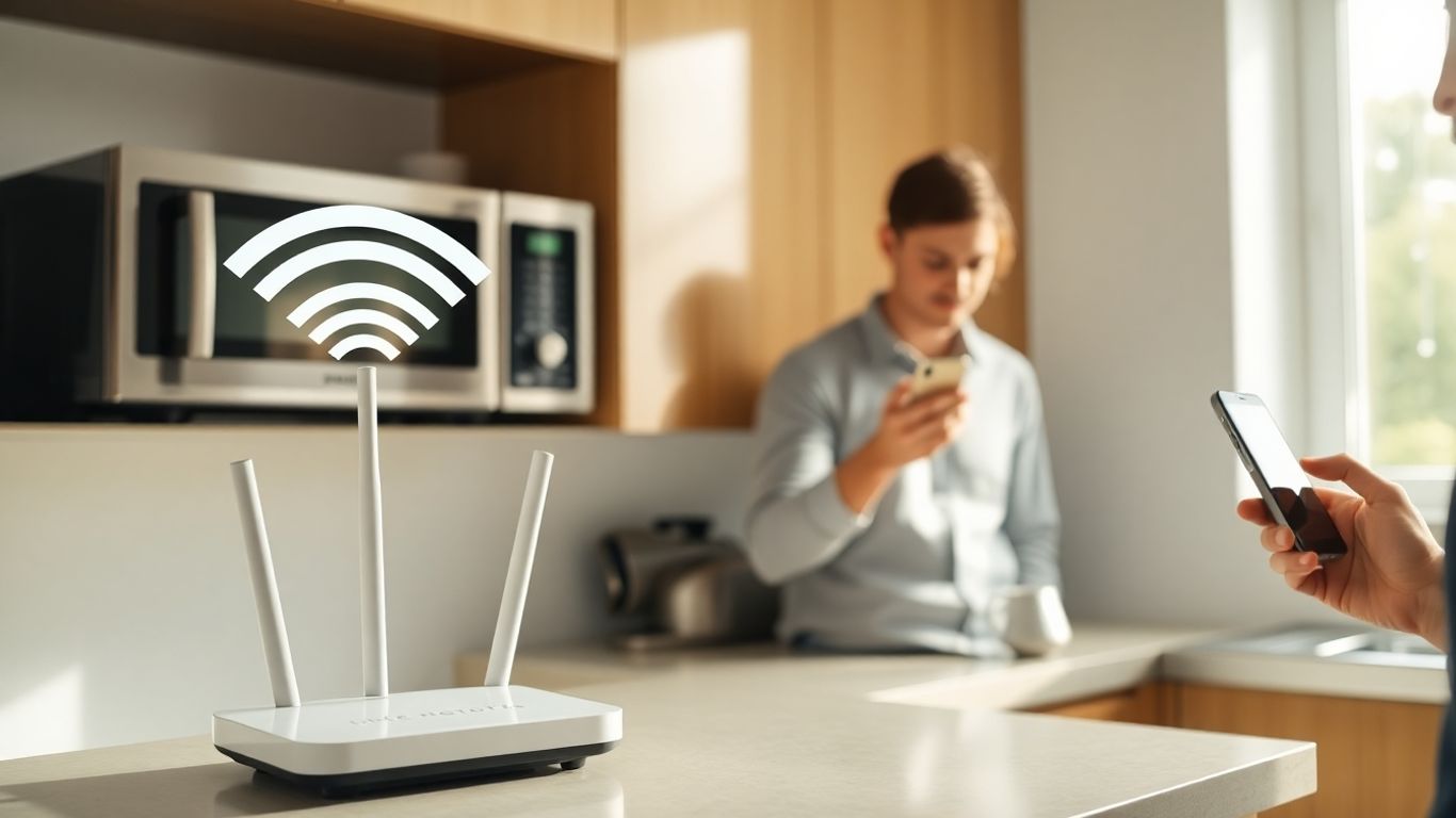 Pessoa com celular entre micro-ondas e roteador WiFi na cozinha