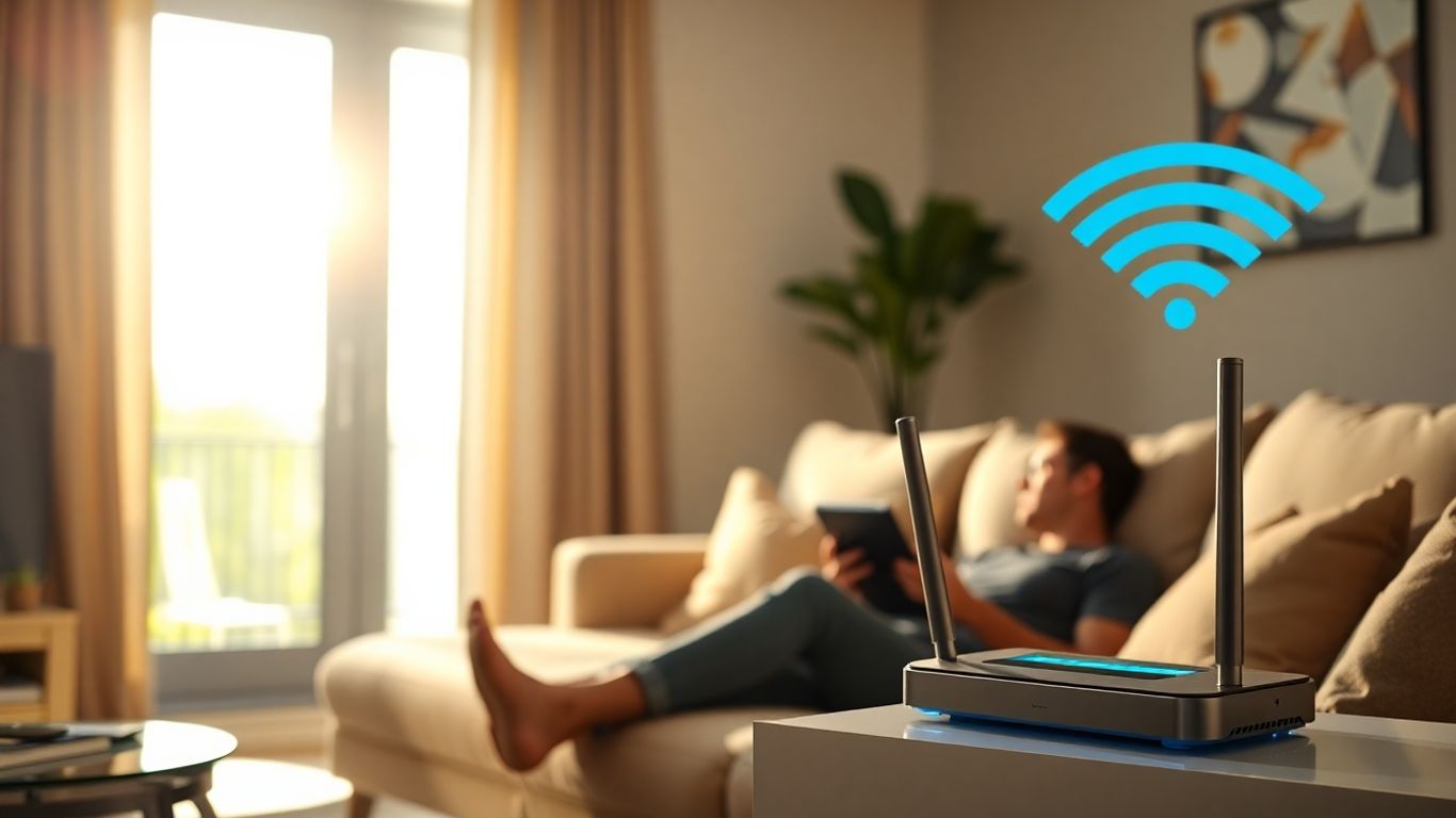 Pessoa usando Wi-Fi em casa moderna