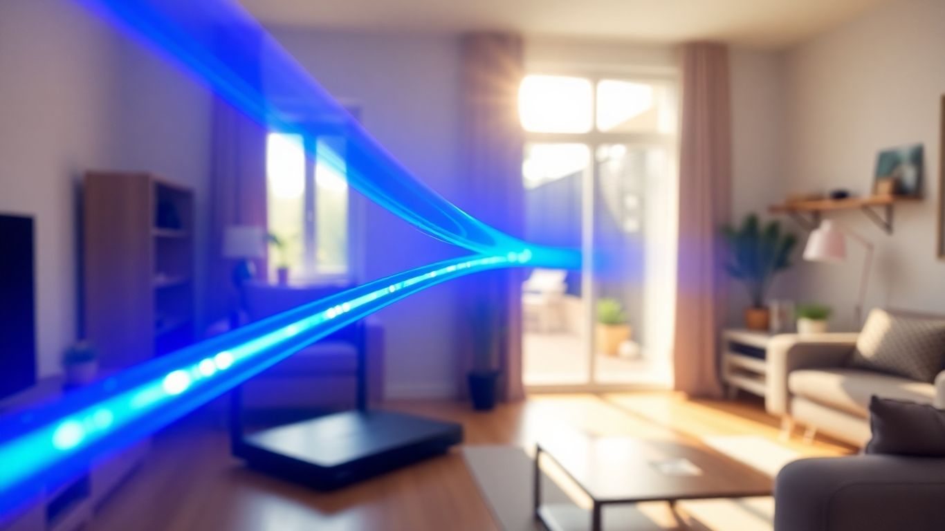 Cabo de fibra óptica azul brilhante em casa moderna.