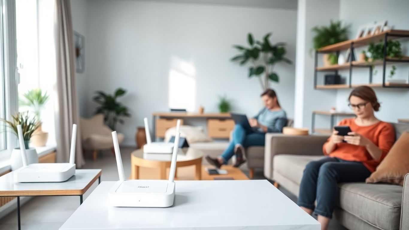 Casa moderna com vários roteadores mesh em diferentes cômodos