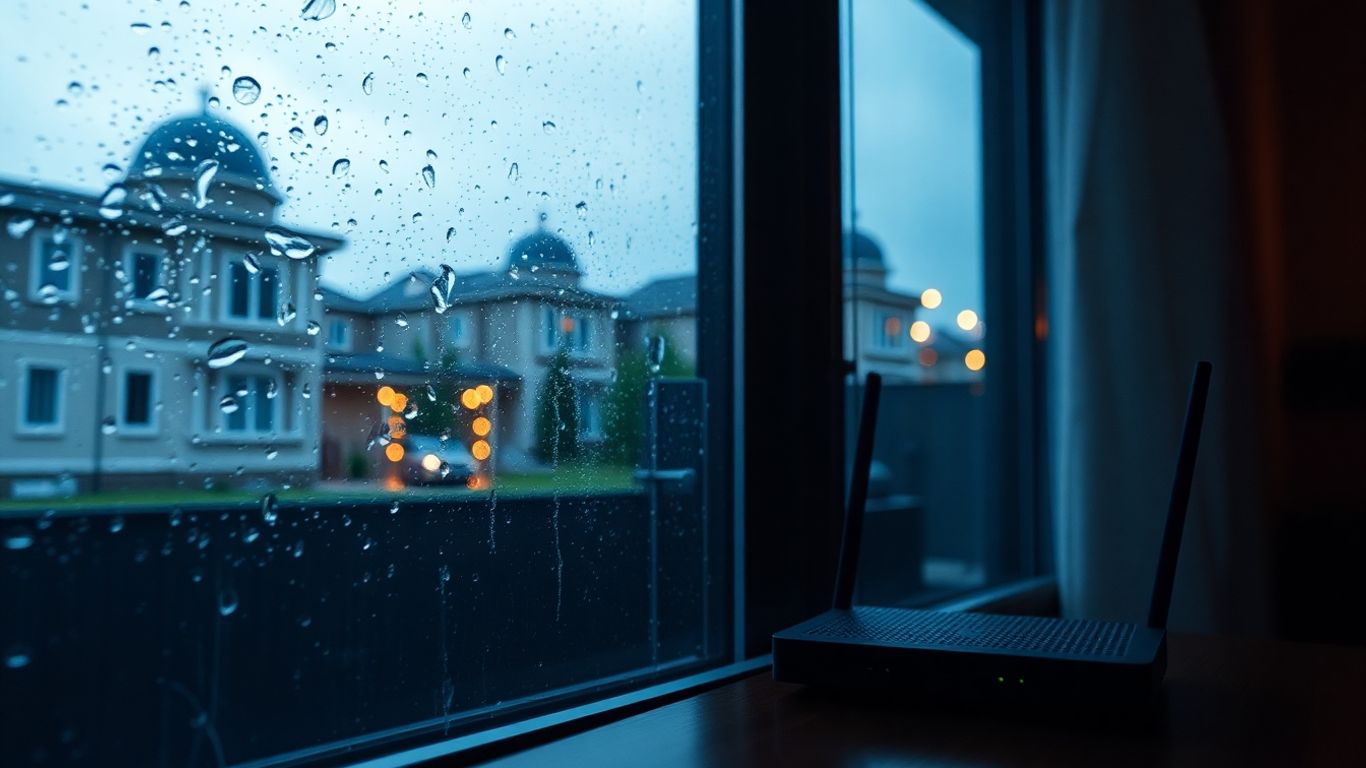 Chuva e casa com roteador Wi-Fi visível na janela.