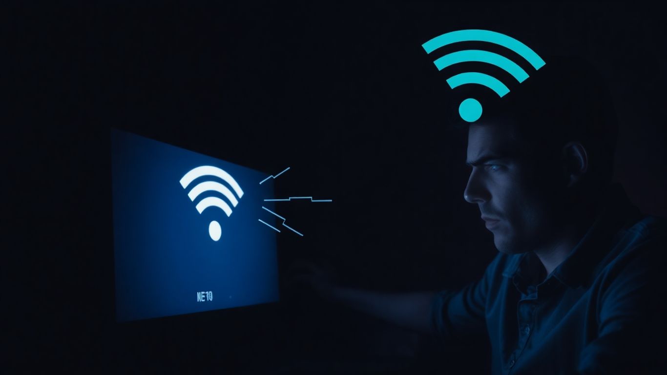 Internet caindo à noite, tela de computador piscando.