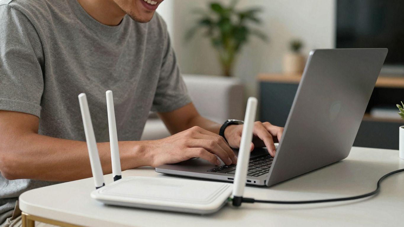 Pessoa feliz usando laptop com Wi-Fi grátis.