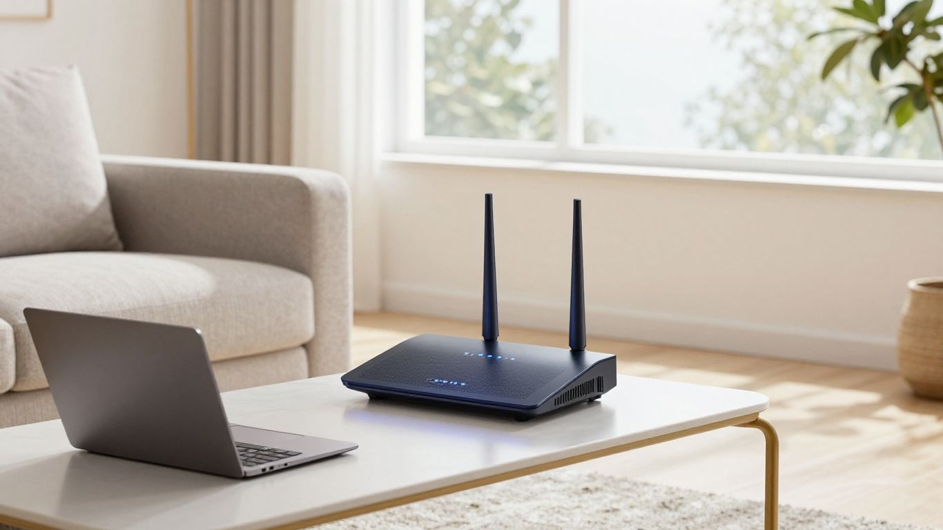 Roteador Wi-Fi moderno em sala de estar iluminada.