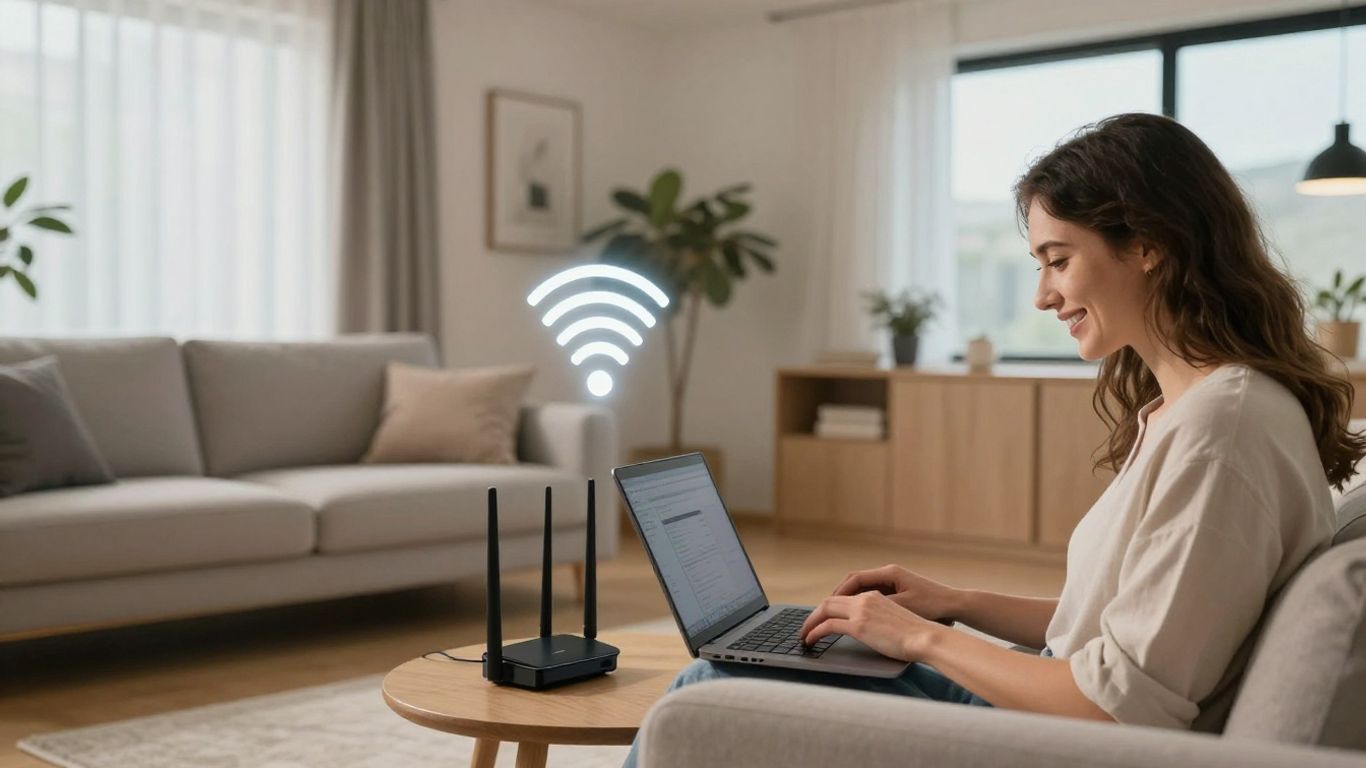 Pessoa usando laptop com sinal Wi-Fi forte em casa.