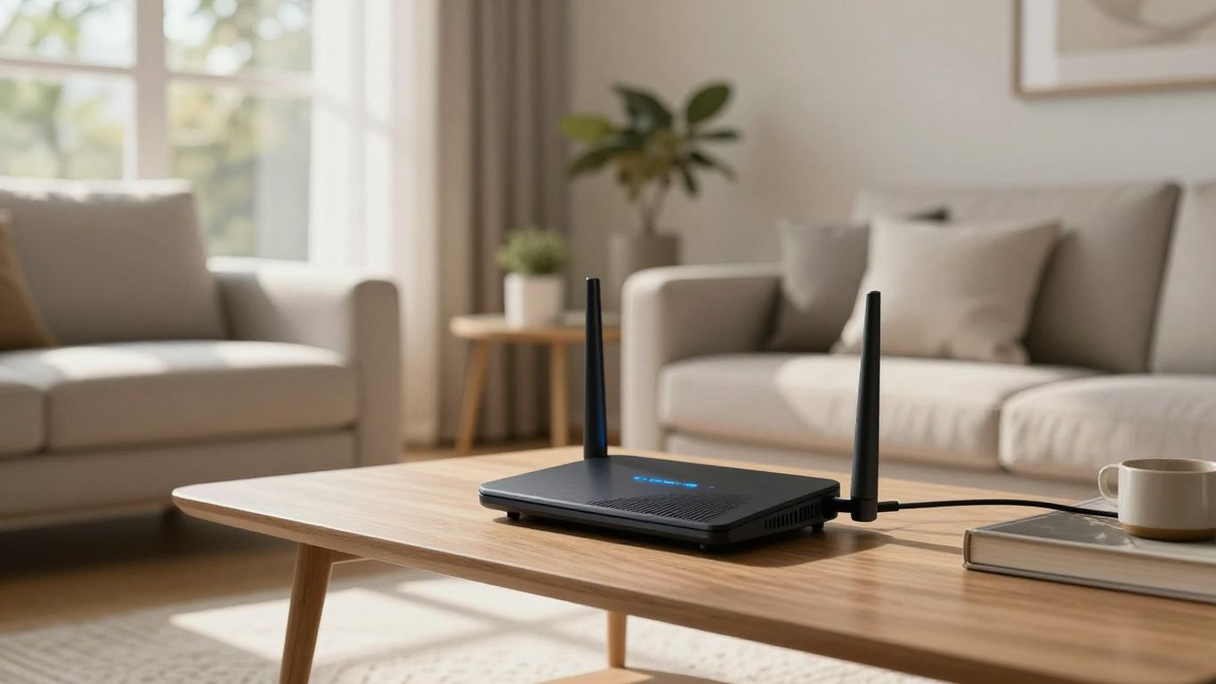 Roteador Wi-Fi moderno em sala de estar iluminada.
