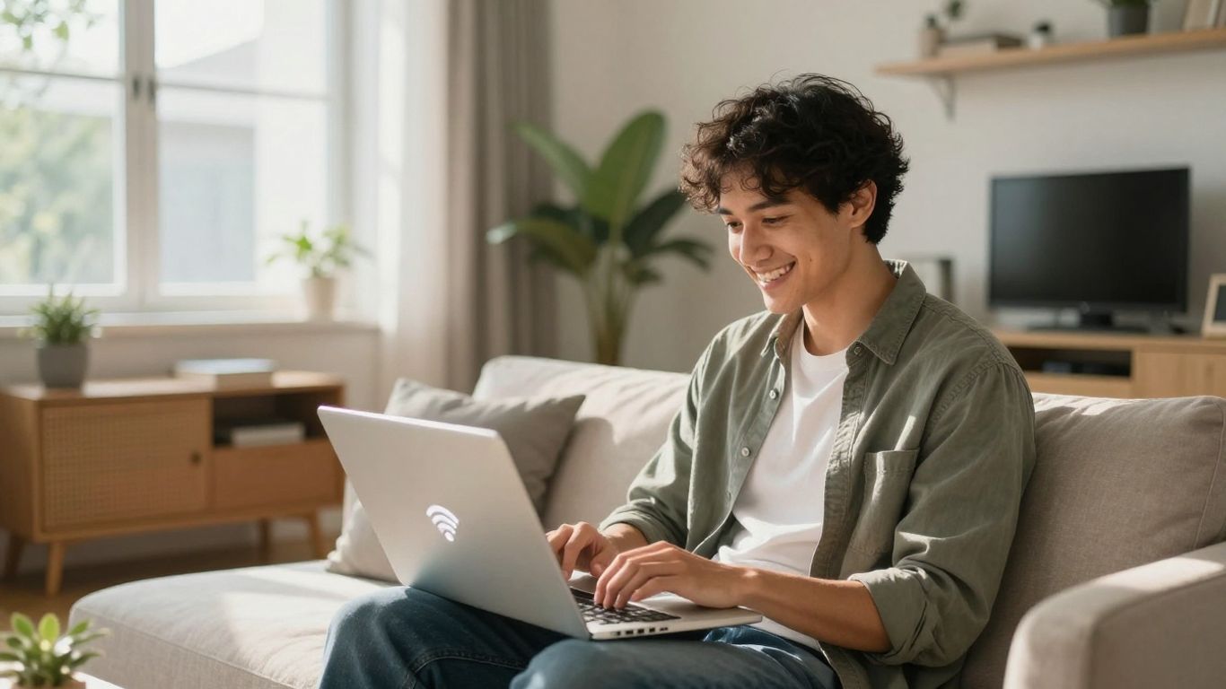 Pessoa feliz usando laptop com Wi-Fi em casa.