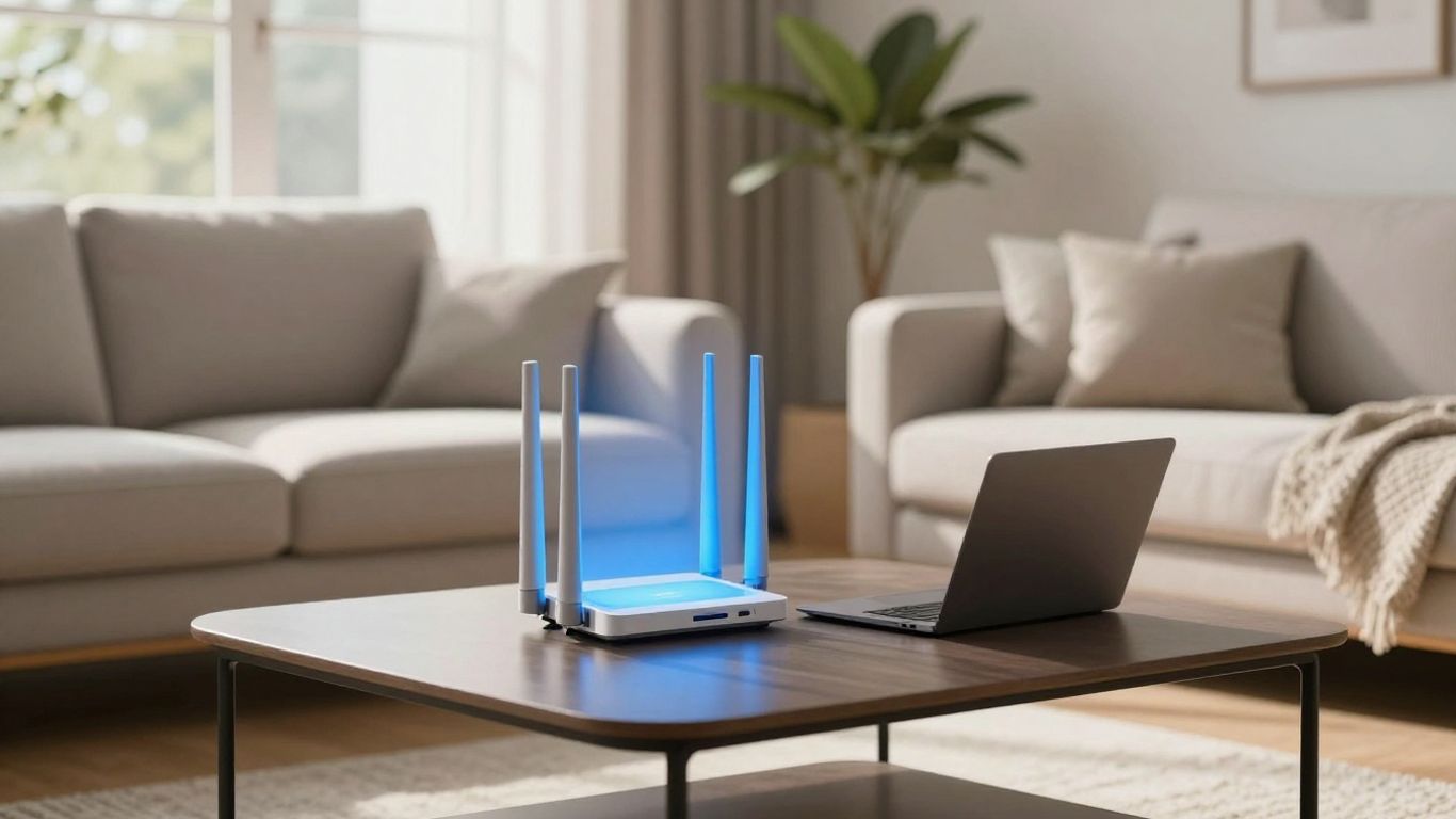 Sala de estar com roteador Wi-Fi e luz solar.